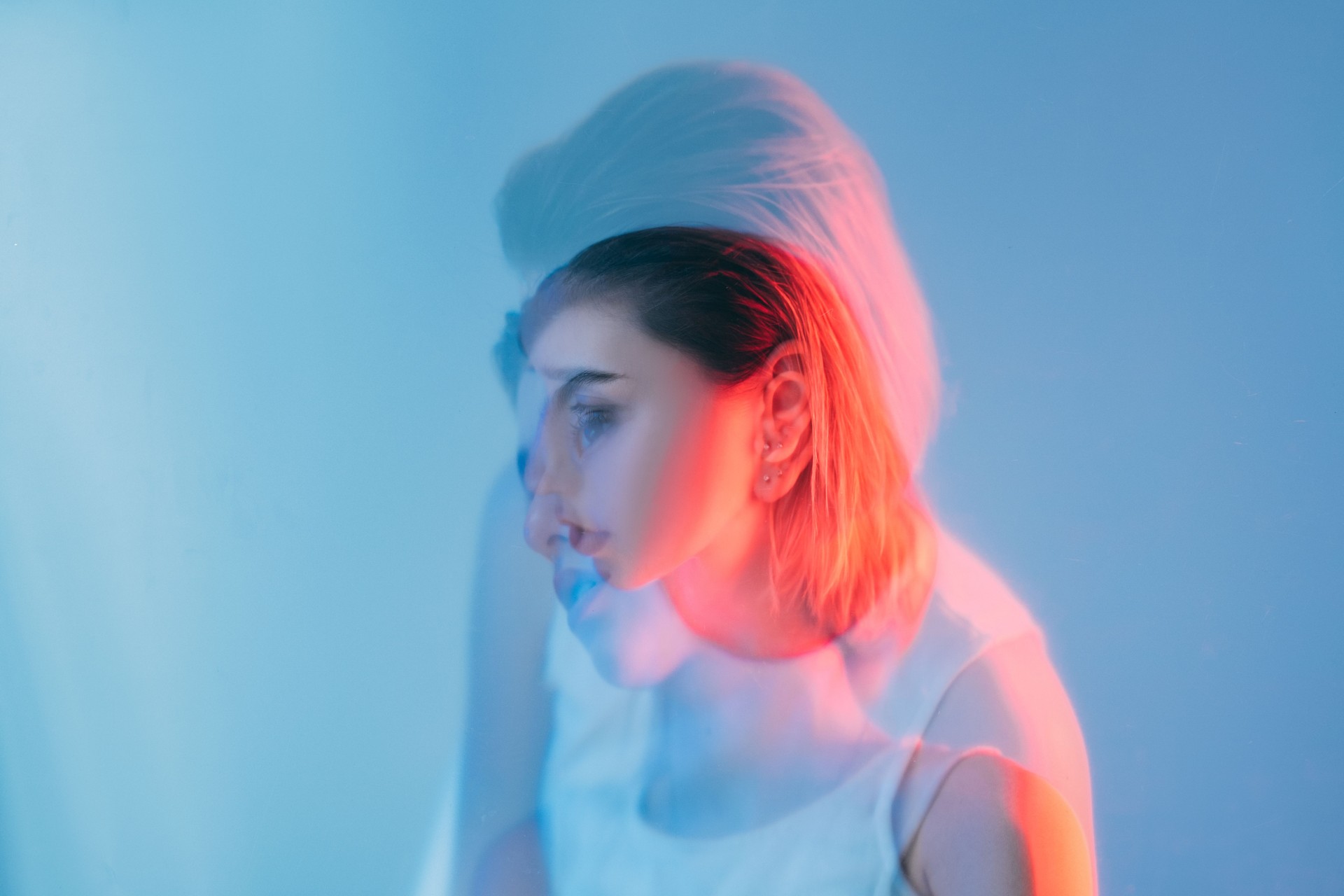 double exposure portrait sensitive woman neon face